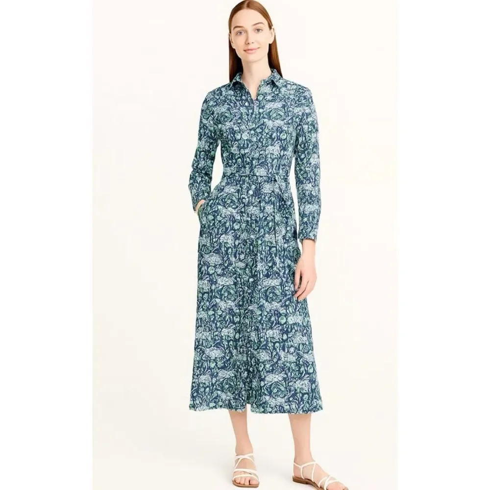 $248 J.Crew  Fauna Floral Midi Button Front Shirt Dress Blue Size 6 ~ NO BELT